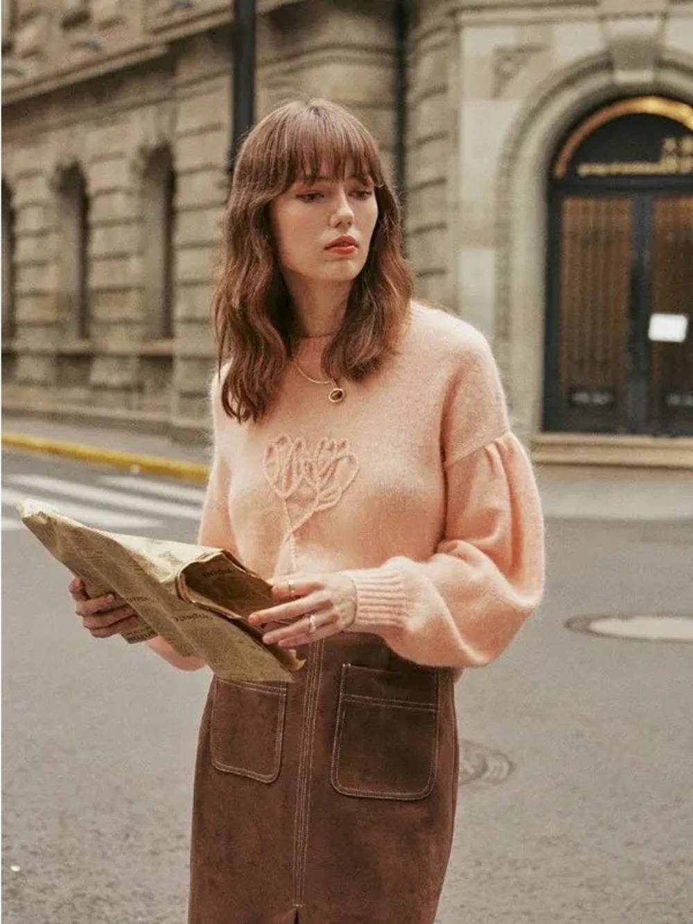 Soft Knit Balloon-Sleeve Sweater in Blush Pink